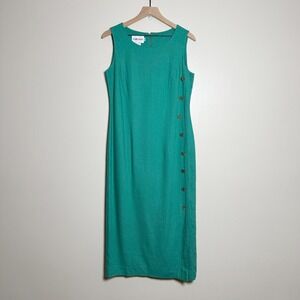 Joan Leslie VTG Womens Linen Midi Dress 12 Green Gold Star Buttons 90s Retro